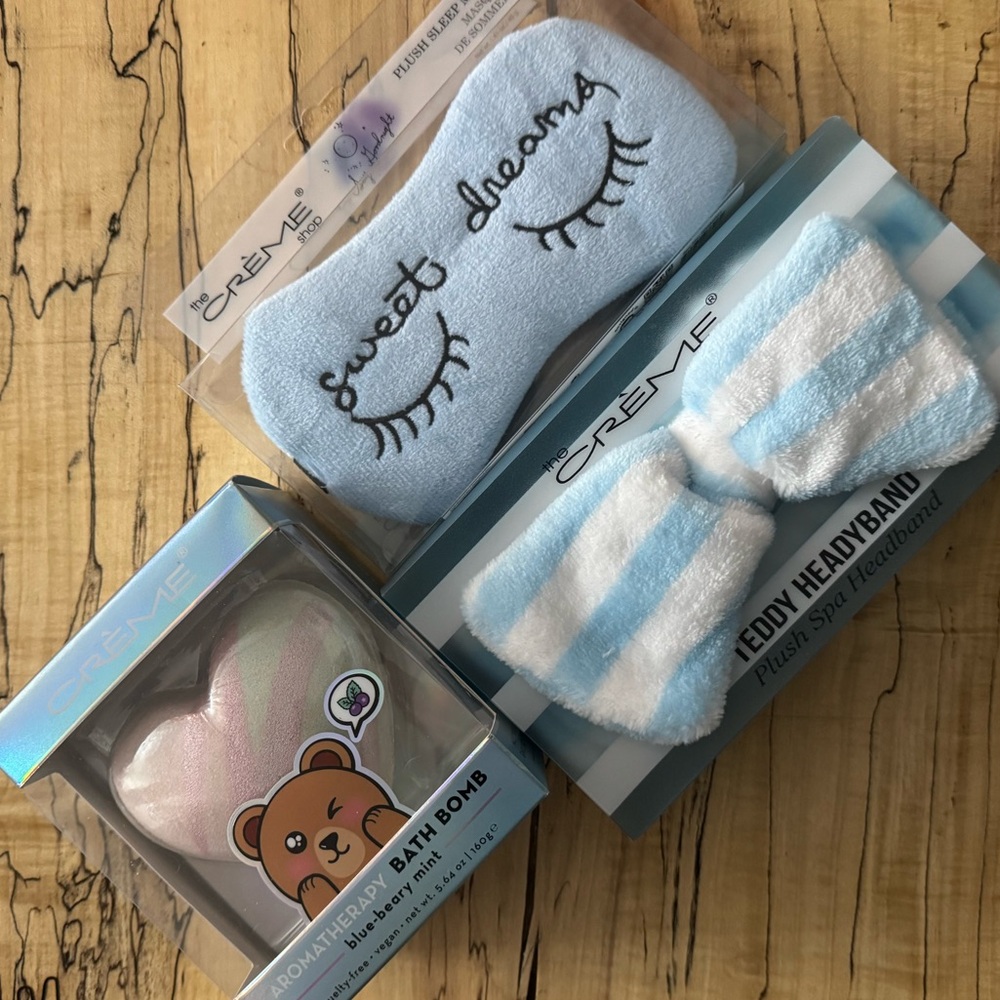 Blue Bundle #1 - Sleep Mask, Plush Teddy Headyband & Large Bath Bomb +FREE MASK